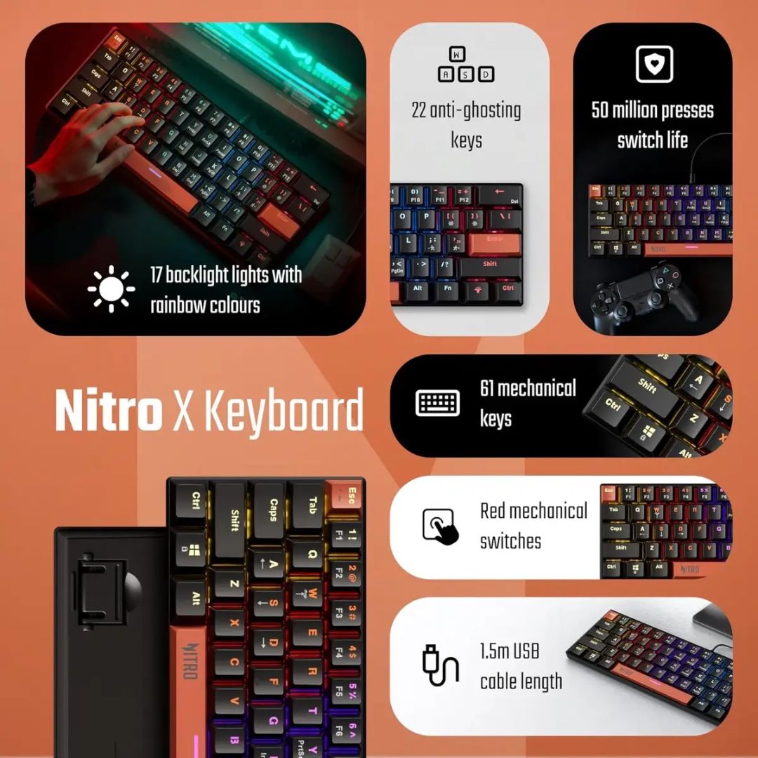 Acer Nitro X Wired Mechanical Gaming Keyboard | 61 Keys | Red Switches | 17-Mode Rainbow Backlight - Image 2